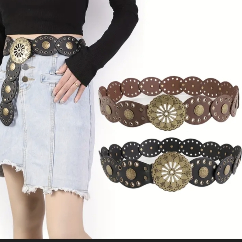 Brown Belt Western Style Studded Medallion Retro Style Buckle Boho Belts - Picture 3 of 6